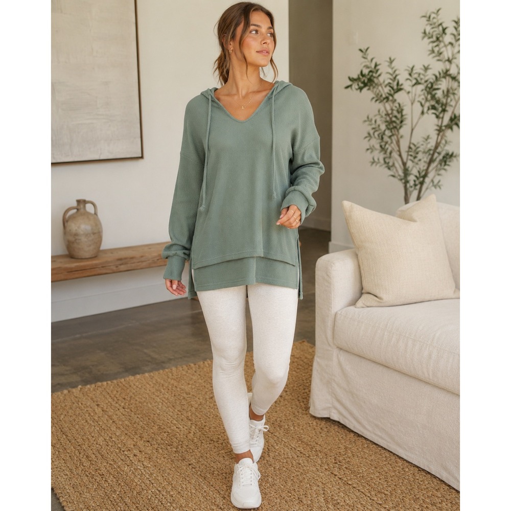 Pink Lily Sage Ribbed Knit Pullover Hoodie Sage Green Size M Loungewear
